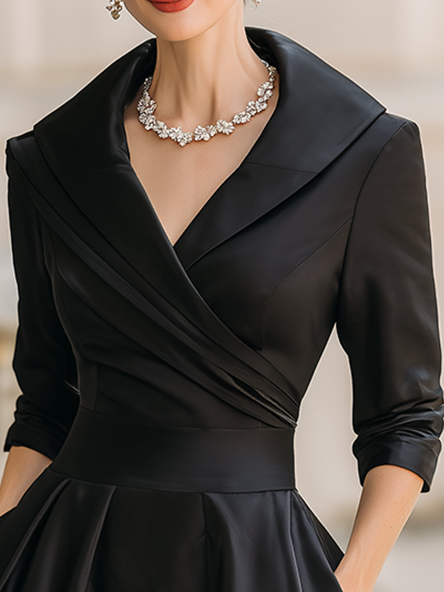 Vintage Inspired Satin Midi Dress | With Draped Collar
