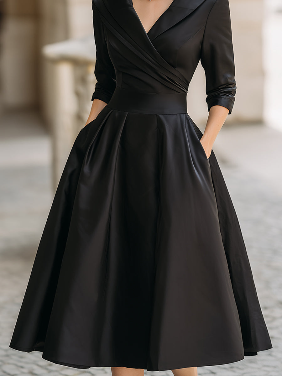 Vintage Inspired Satin Midi Dress | With Draped Collar