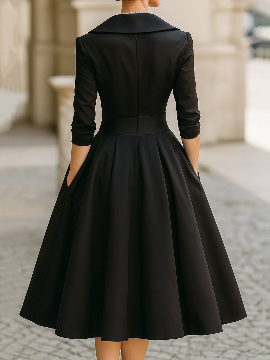 Vintage Inspired Satin Midi Dress | With Draped Collar