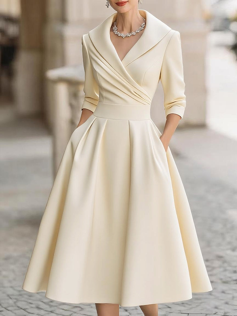 Vintage Inspired Satin Midi Dress | With Draped Collar