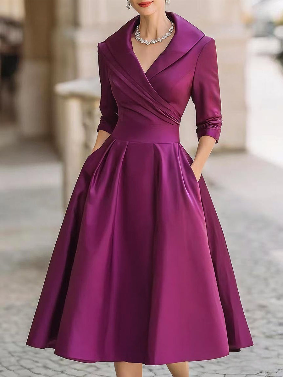 Vintage Inspired Satin Midi Dress | With Draped Collar