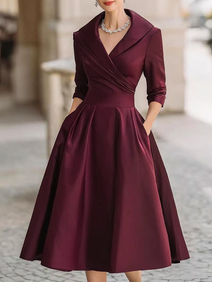Vintage Inspired Satin Midi Dress | With Draped Collar