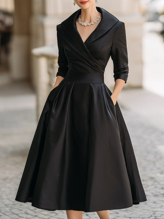 Vintage Inspired Satin Midi Dress | With Draped Collar